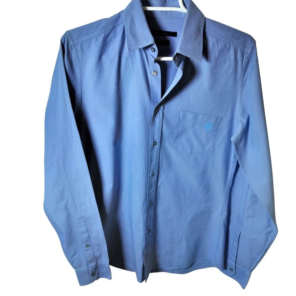 Gucci Mens Slim Fit Button Down Shirt Light Blue Crest Logo Long Sleeve 38 15